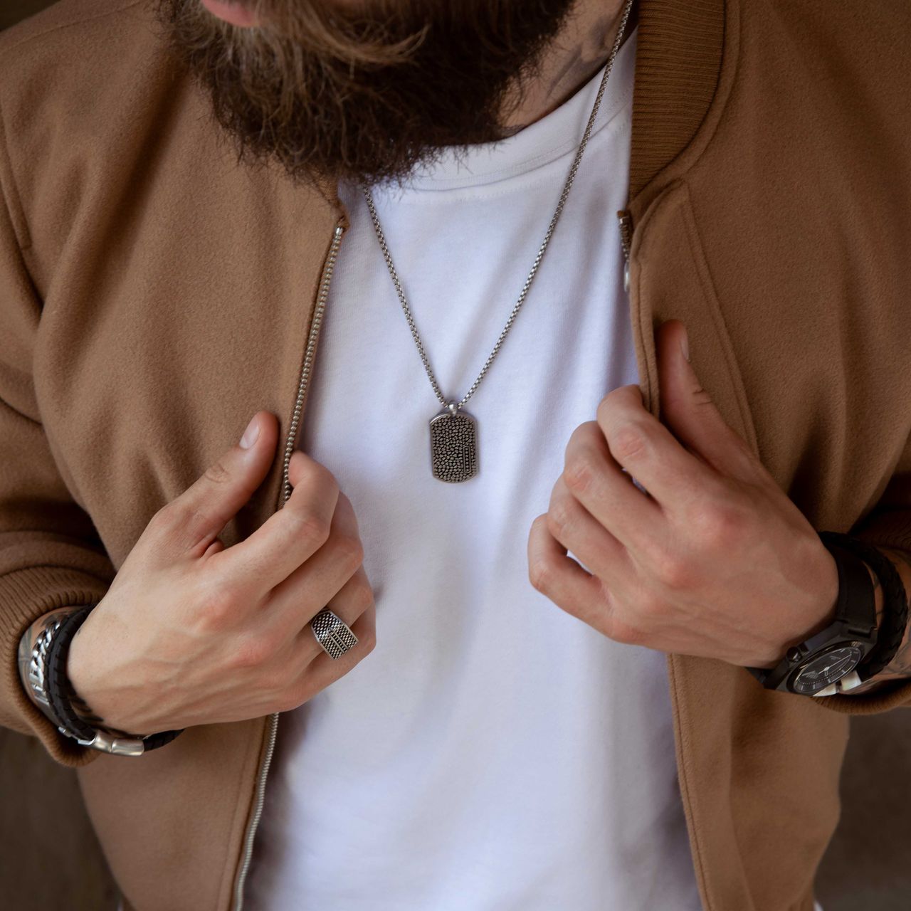 Stainless steel herenketting plaat reptiel antique finish