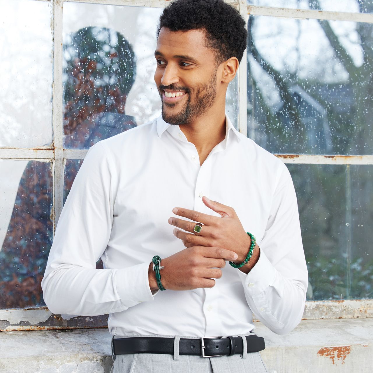 Gerecycled stainless steel heren zegelring green jasper