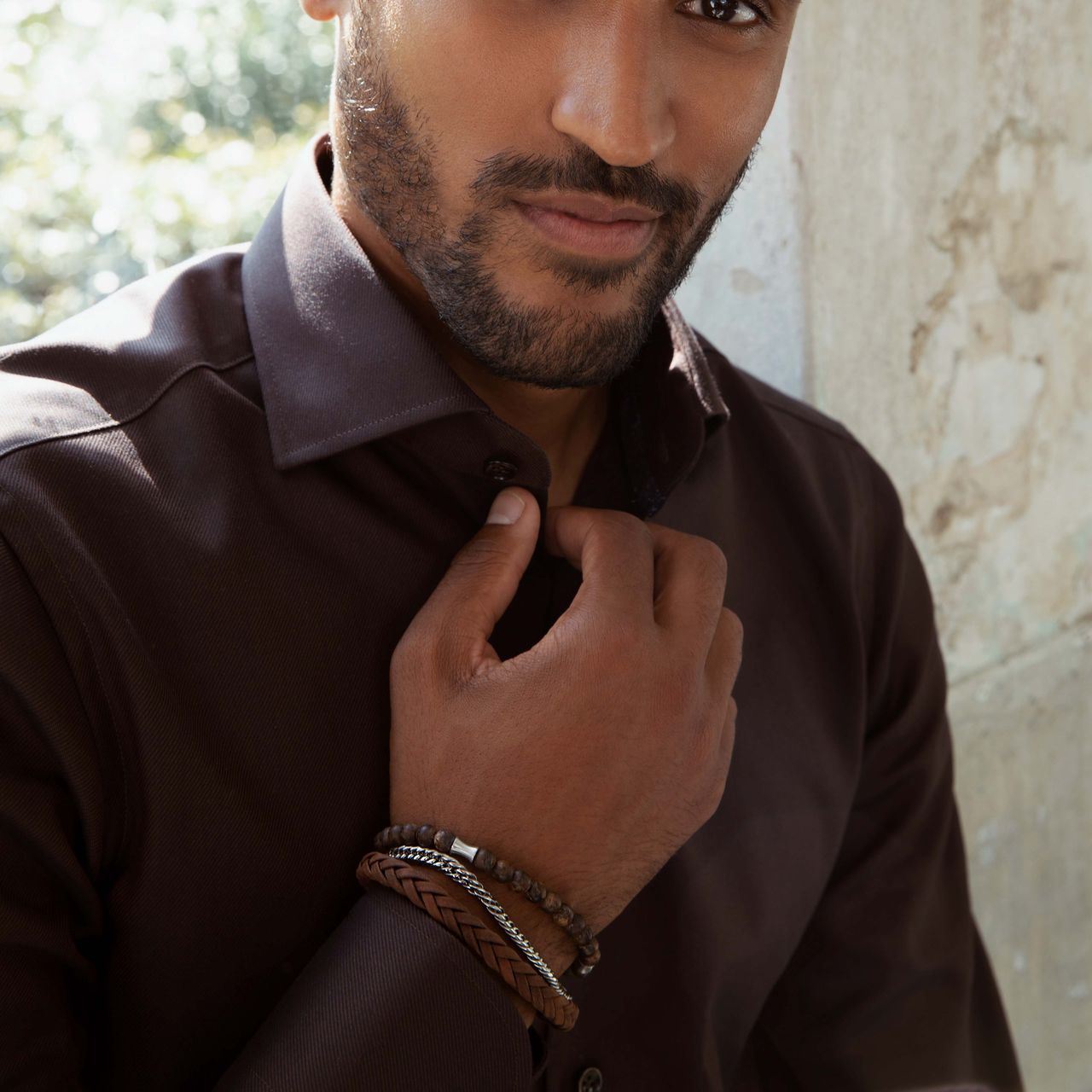 Gerecycled stainless steel set met drie herenarmbanden bruin