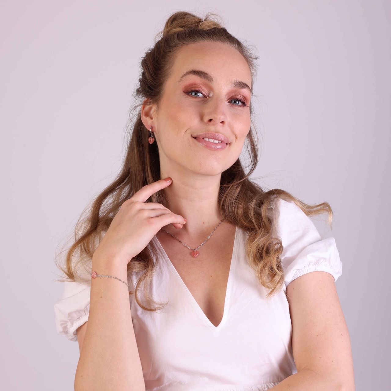 Stainless steel ketting met hart rhodoniet