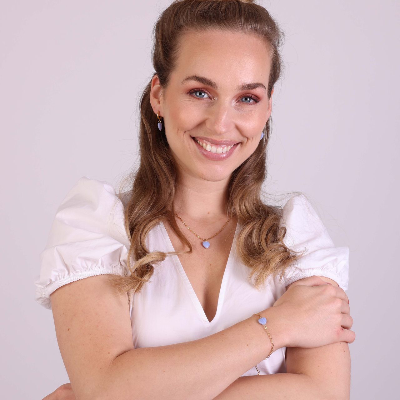 Halskette, Edelstahl, vergoldet, mit Herz, Achat in Blau