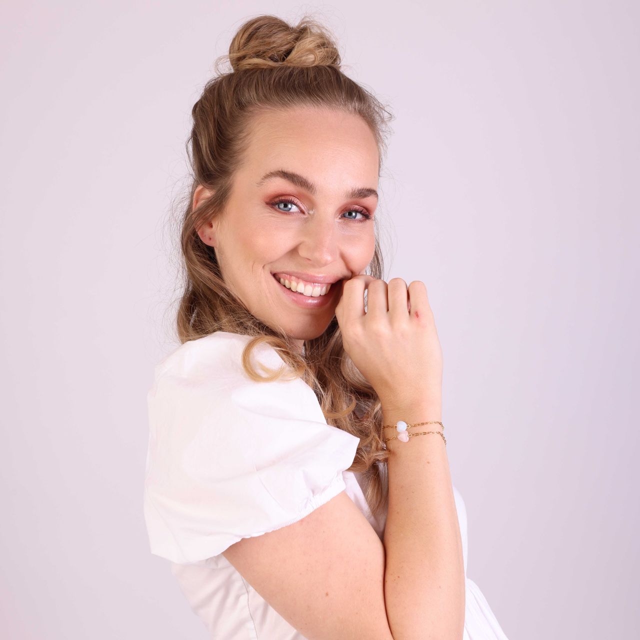 Stainless steel goldplated fantasiearmband met hanger hart met rozenkwartsvoor dames