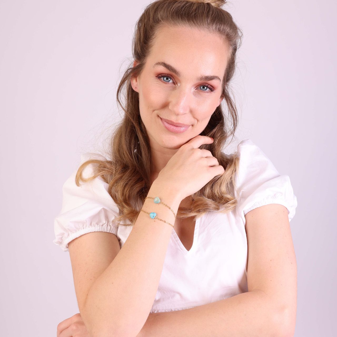 Stainless steel goldplated armband met hart aventurijn