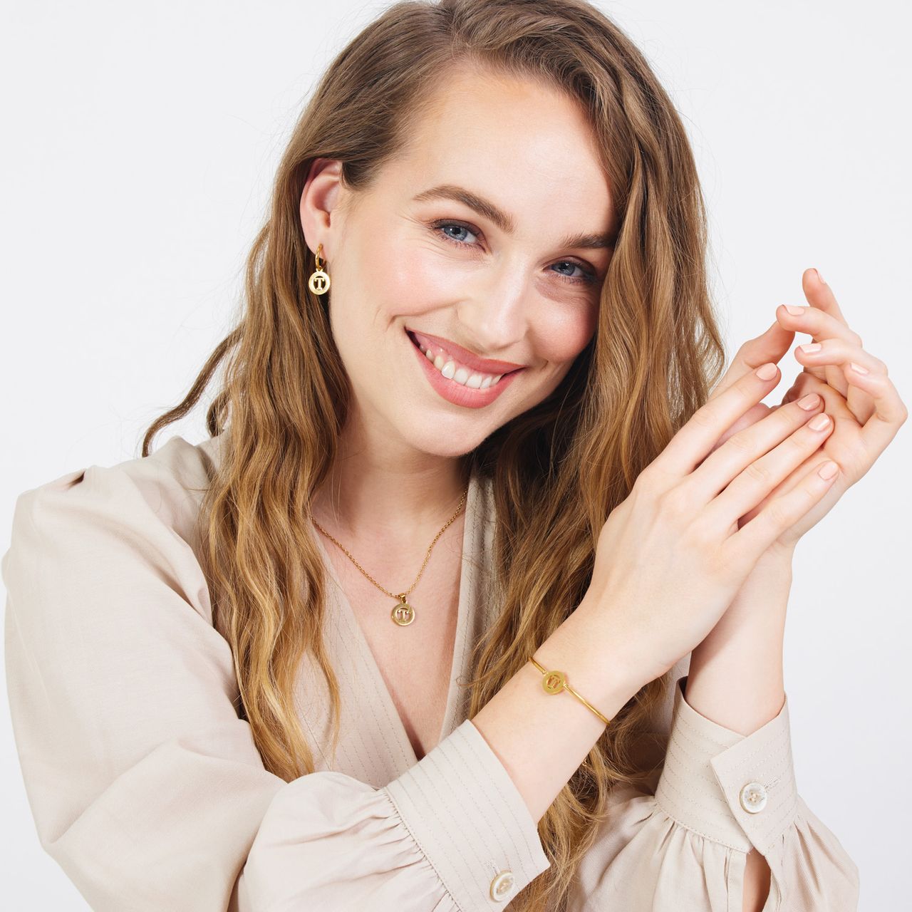 Stalen goldplated fantasiearmband met letterhanger T voor dames