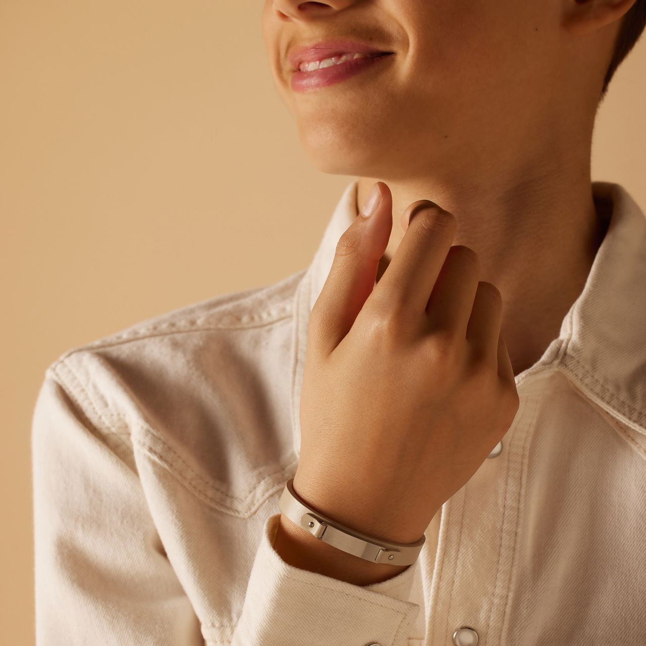 Gerecycled stainless steel jongens armband leer beige