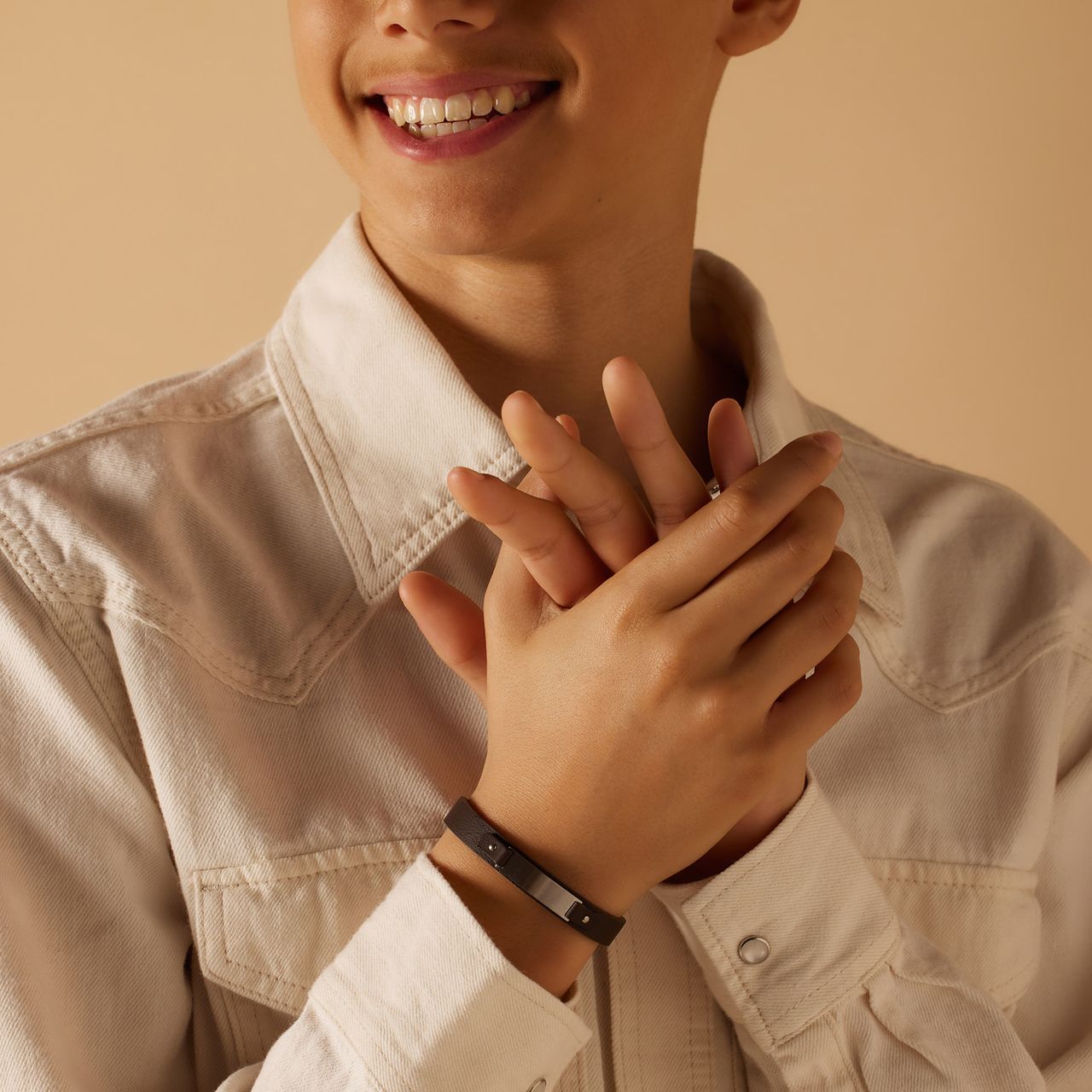 Gerecycleerd stalen jongens armband leer bruin