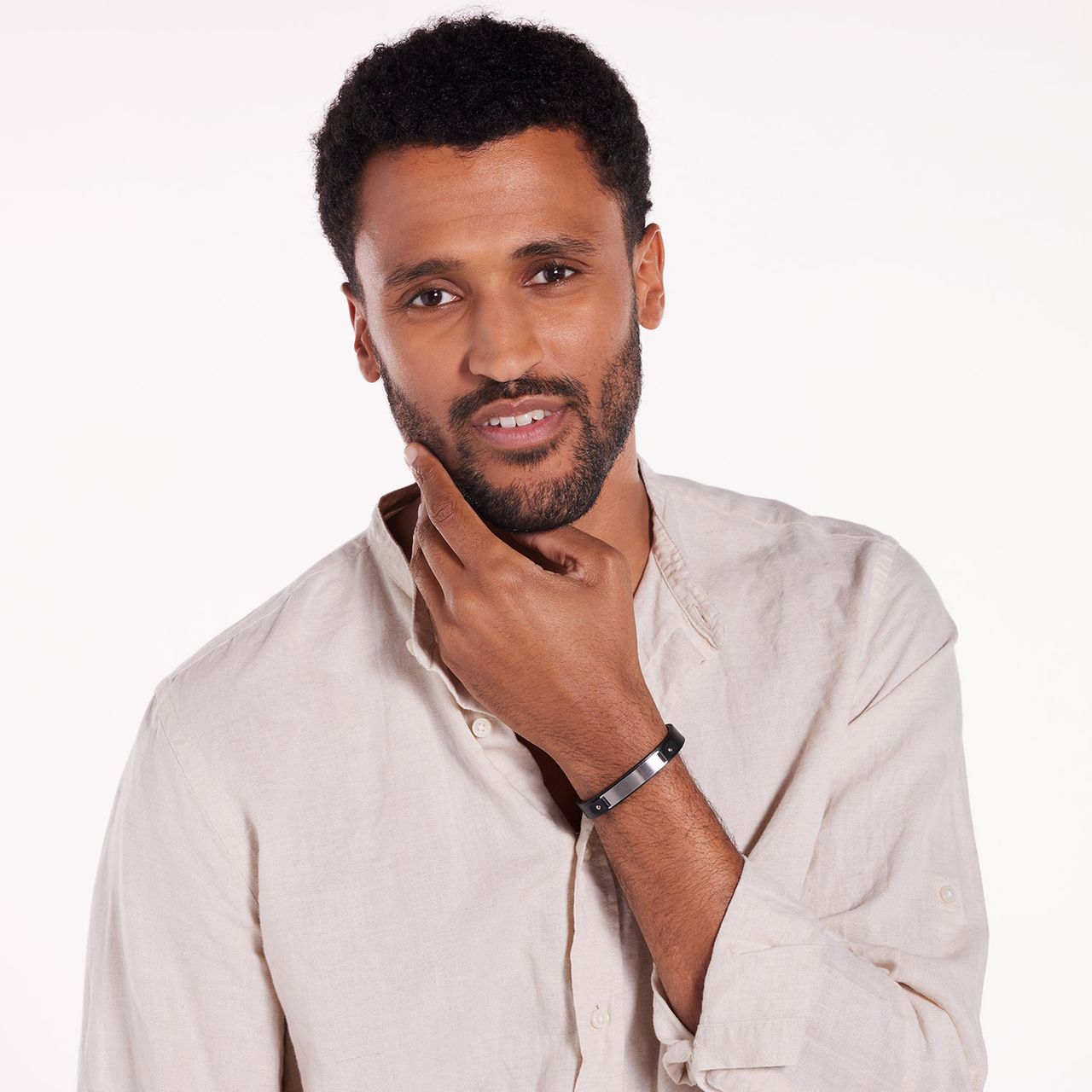 Gerecycled stainless steel armband leer zwart