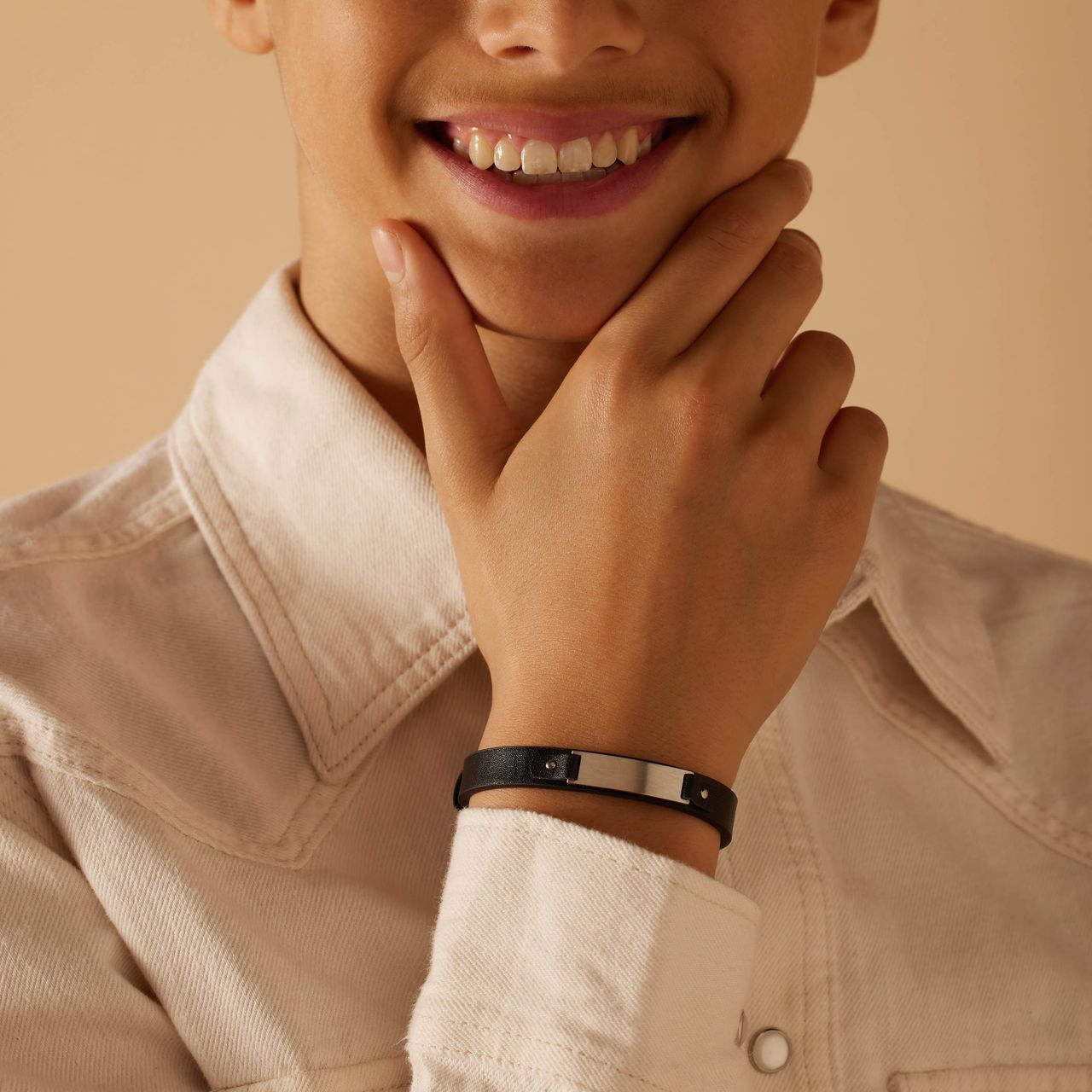 Gerecycleerd stalen jongens armband leer zwart