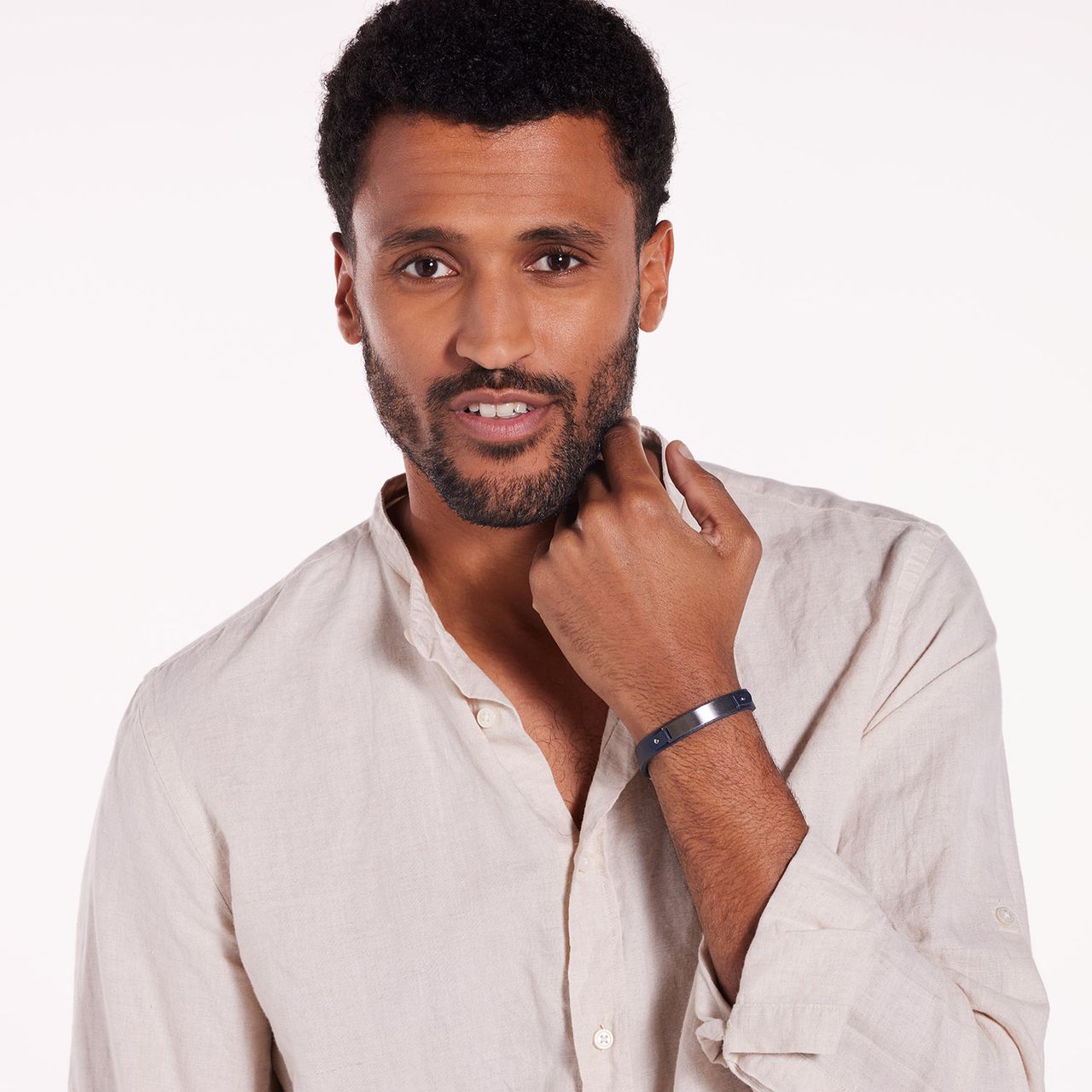 Gerecycled stainless steel armband leer donkerblauw