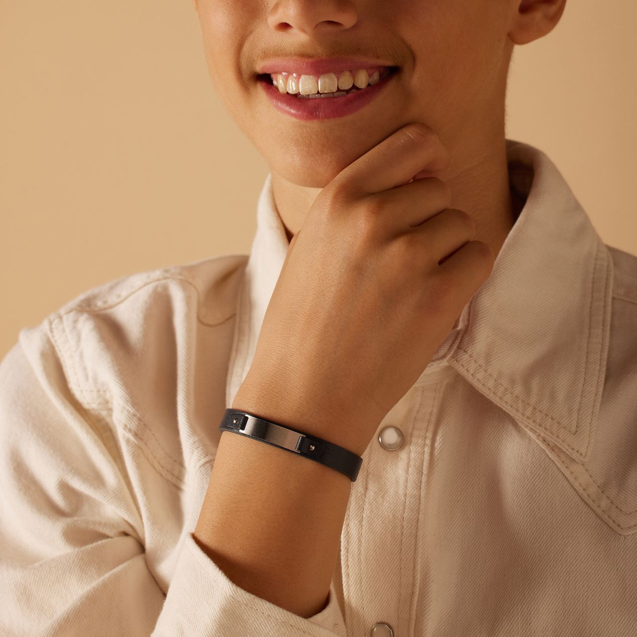 Gerecycled stainless steel jongen armband leer donker blauw