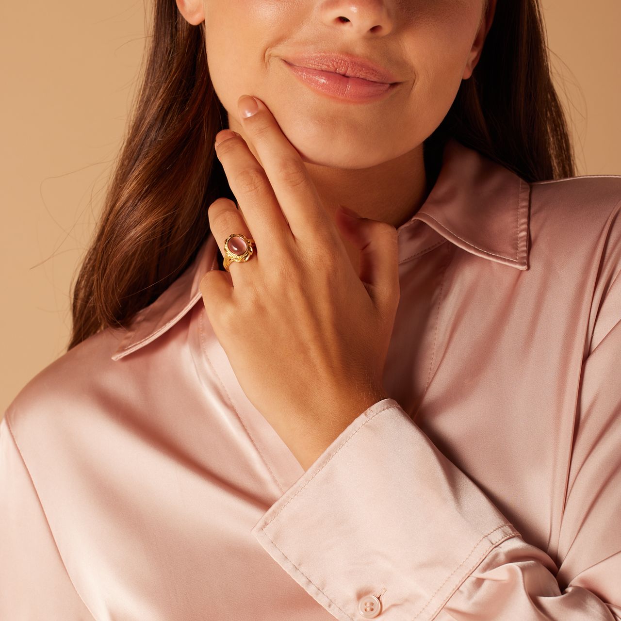 Stainless steel goldplated vintage ring met bloem roze