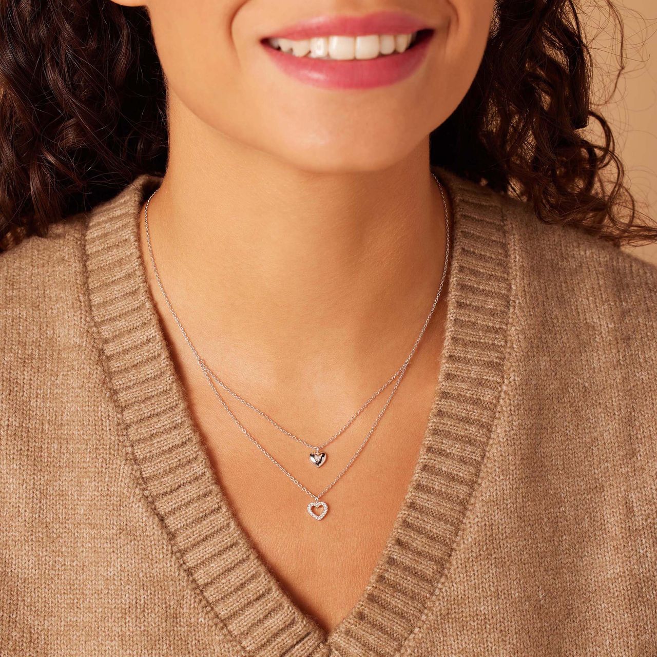 Zilveren layering ketting hart zirkonia