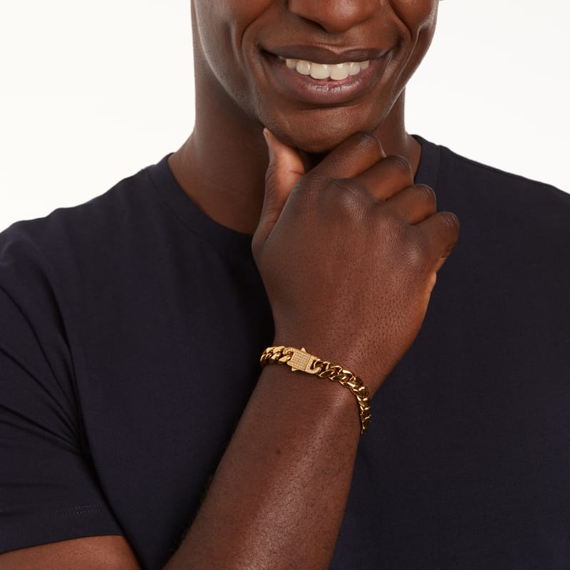 Stalen goldplated herenschakelarmband met zirkonia