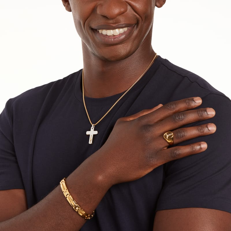 Stainless steel goldplated herenschakelarmband met zirkonia