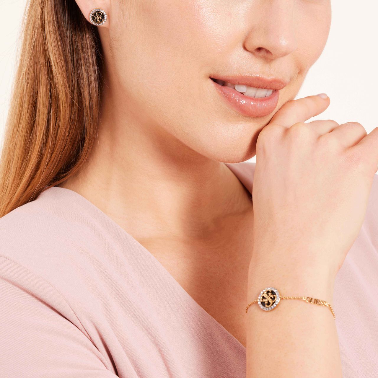 Guess goldplated stainless steel oorknoppen zwart life in 4g voor dames