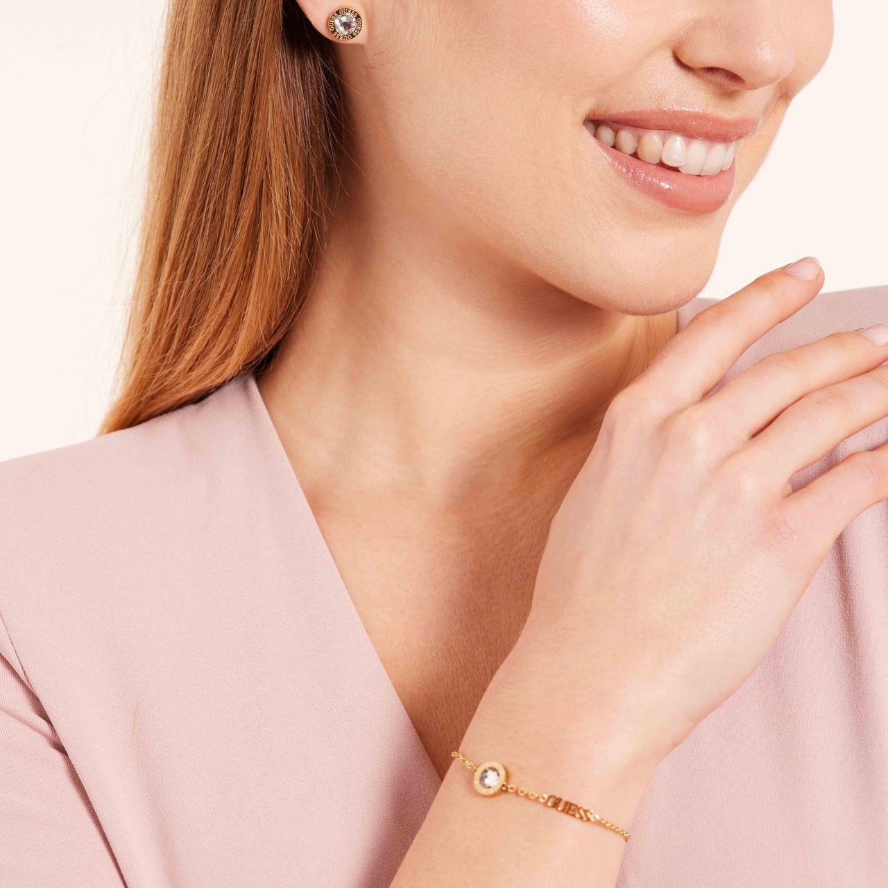 Guess stalen goldplated oorknoppen color my day clear met kristal voor dames
