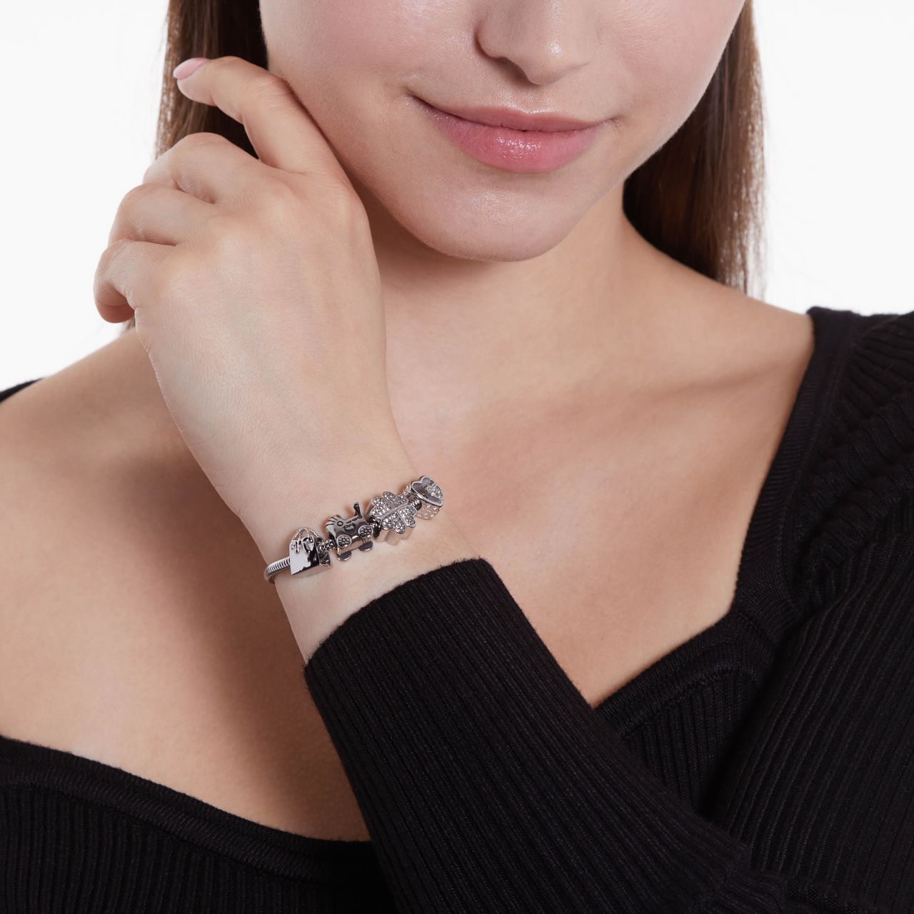 Bettelarmband-Anhänger aus Edelstahl, zwei Herzen mit weißen Zirkonia