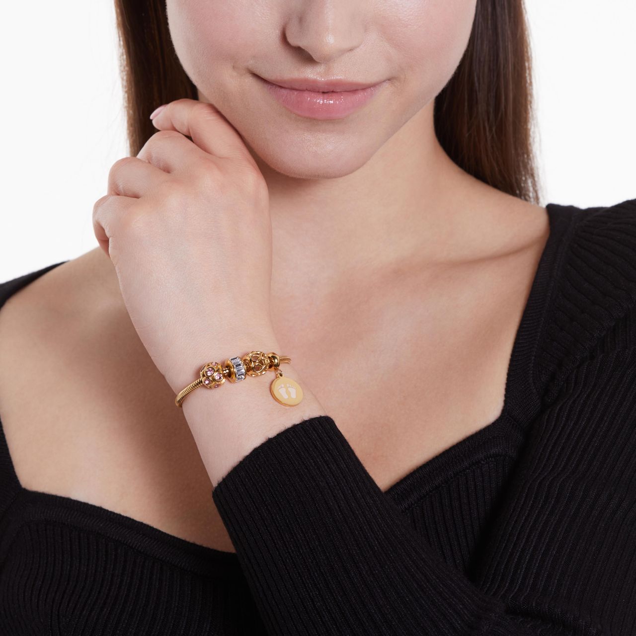 Stainless steel goldplated bedel bol met roze zirkonia