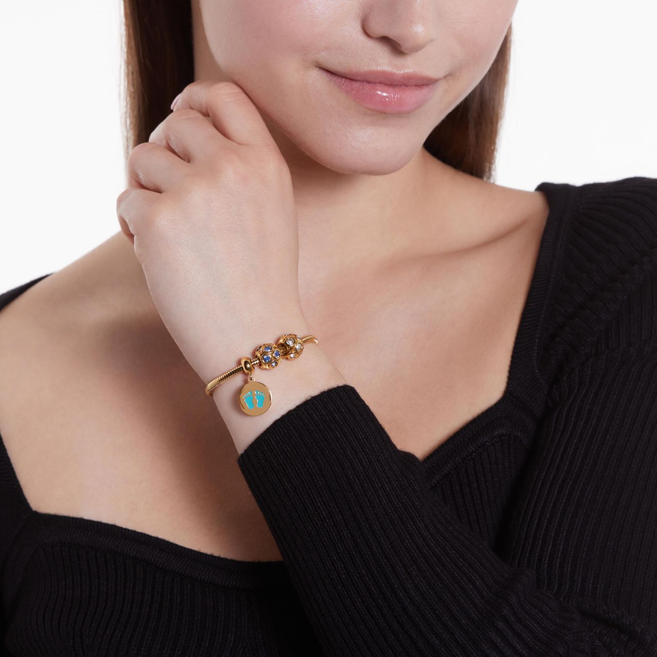 Bettelarmband-Anhänger aus vergoldetem Edelstahl, Kugel, mit blauen Zirkonia