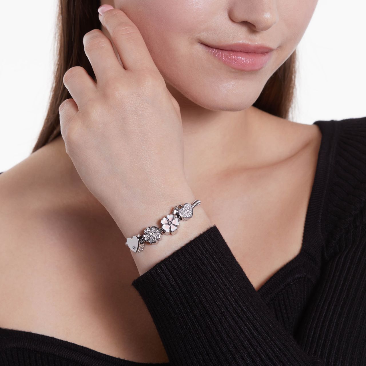 Charm aus Edelstahl Herz und Schlüssel mit Zirkoniabesatz