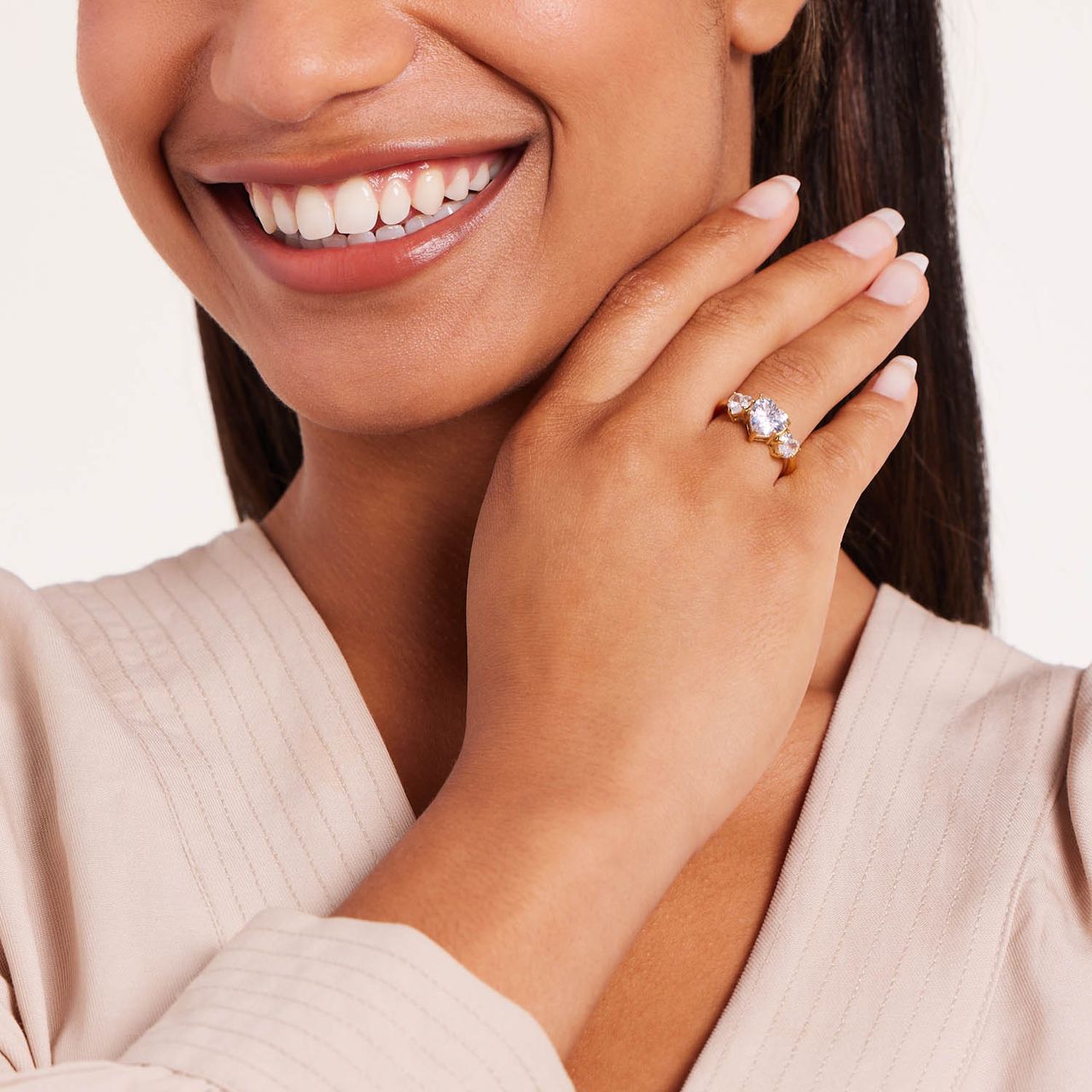Stalen goldplated vintage ring met 3 witte harten