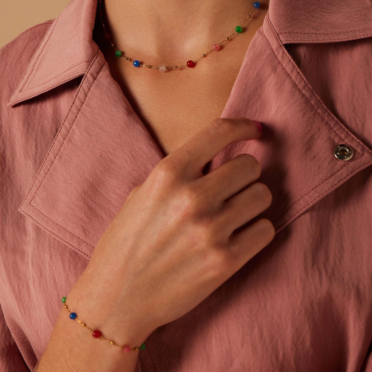 Stalen goldplated ketting met kralen multi