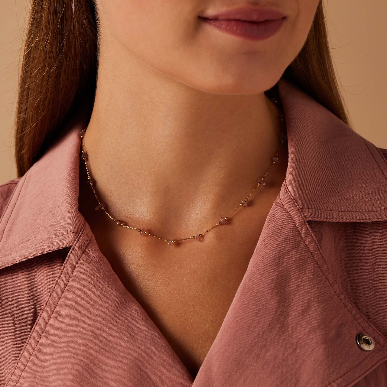 Stalen goldplated kralenketting met hanger met natuursteen  voor dames
