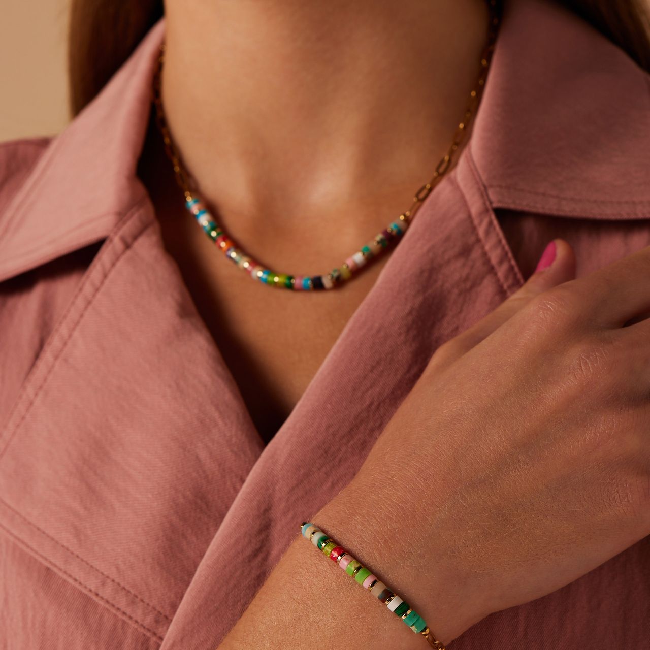 Stalen goldplated fantasiearmband met natuursteen voor dames