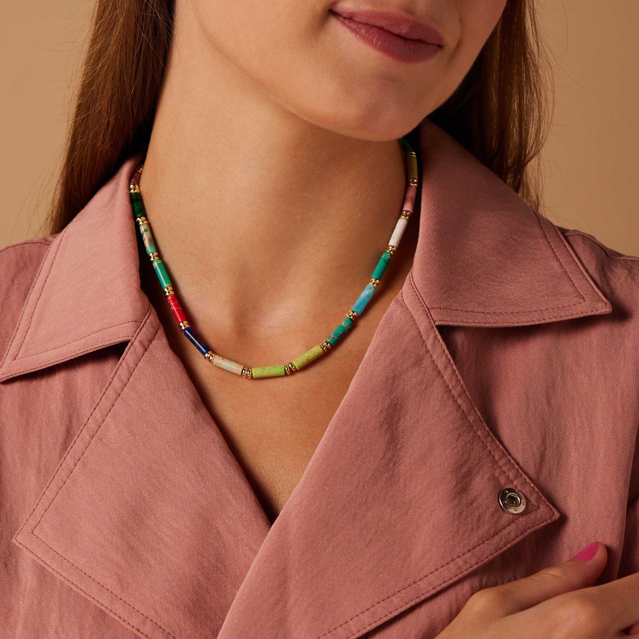 Stalen goldplated kralenketting met natuursteen voor dames
