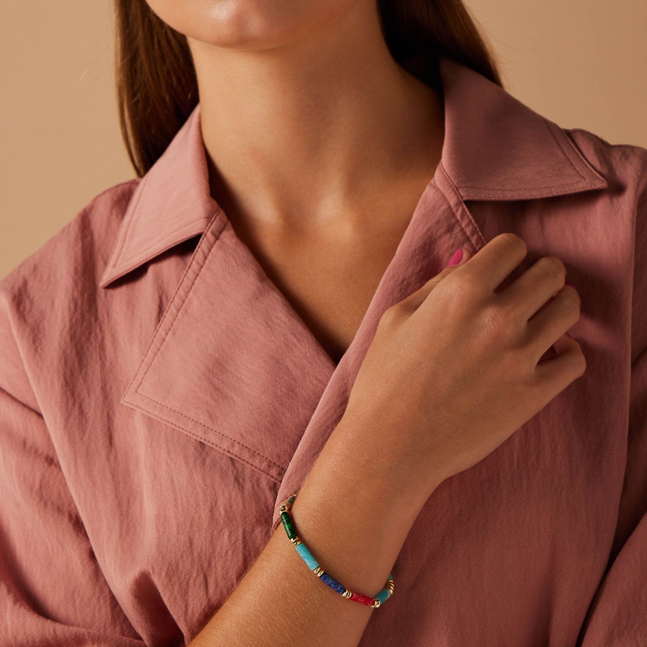 Stainless steel goldplated kralenarmband met natuursteen voor dames
