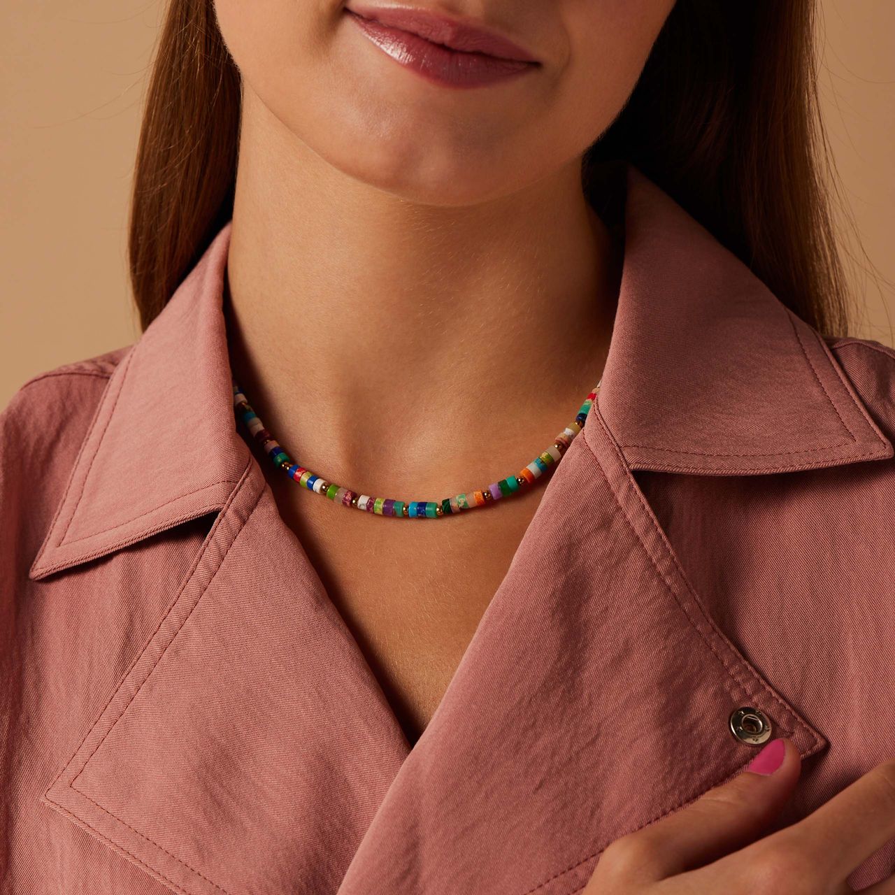 Stainless steel goldplated kralenketting met natuursteen voor dames