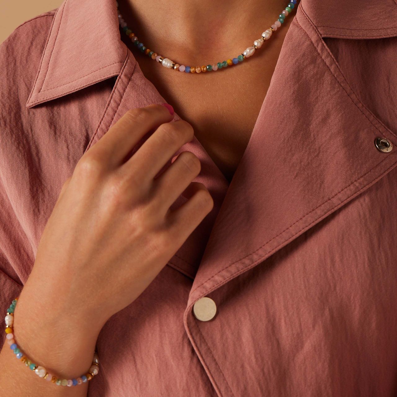 Stalen goldplated kralenketting met parel voor dames