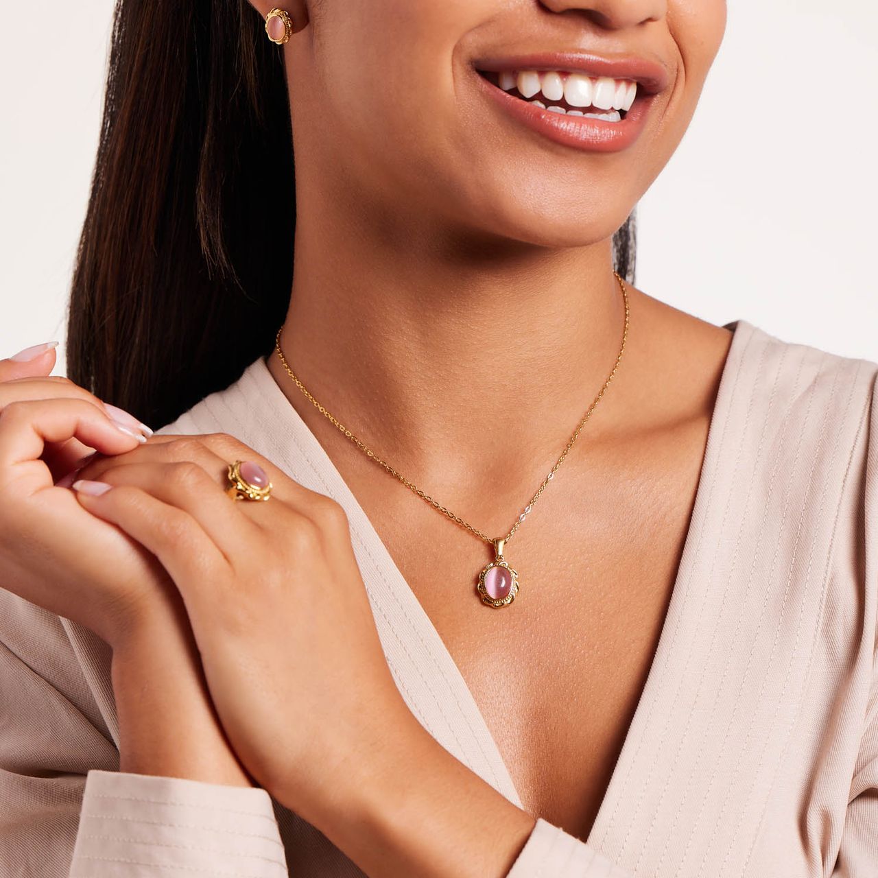 Stainless steel goldplated ketting vintage bloem roze voor dames