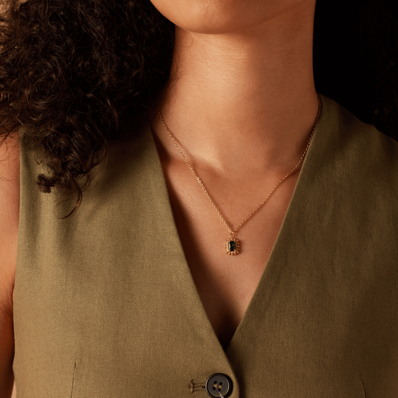 Stainless steel goldplated ketting vintage vierkant groen voor dames
