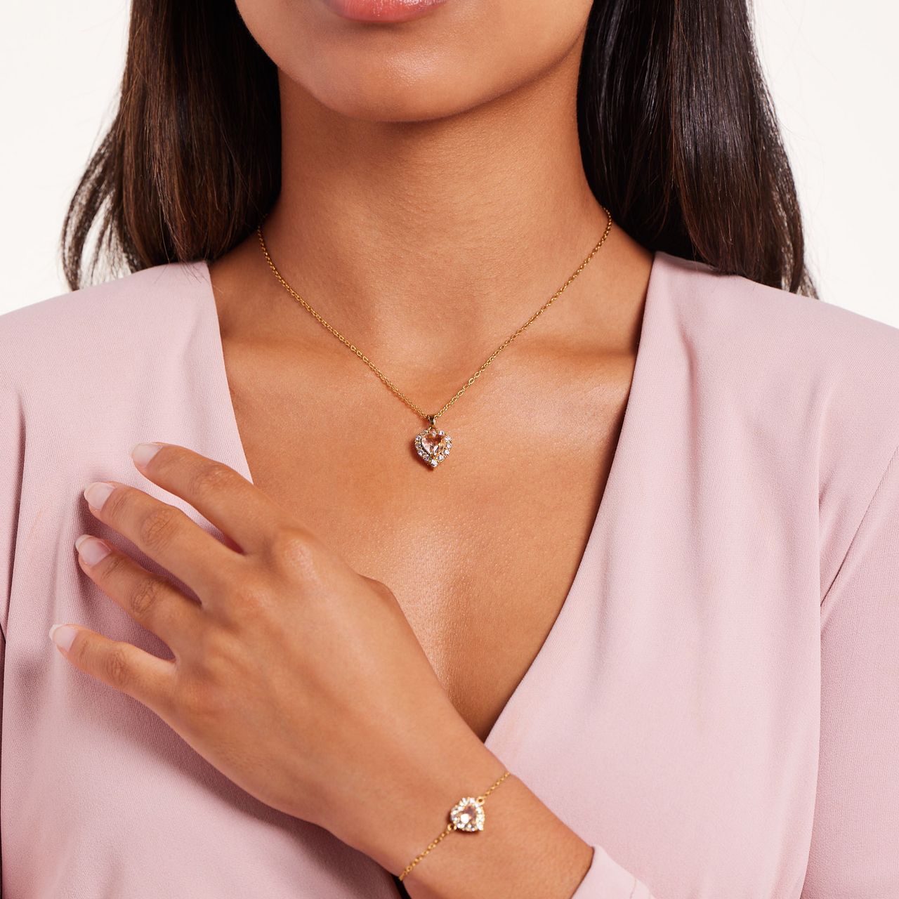 Stainless steel goldplated ketting vintage hart light peach