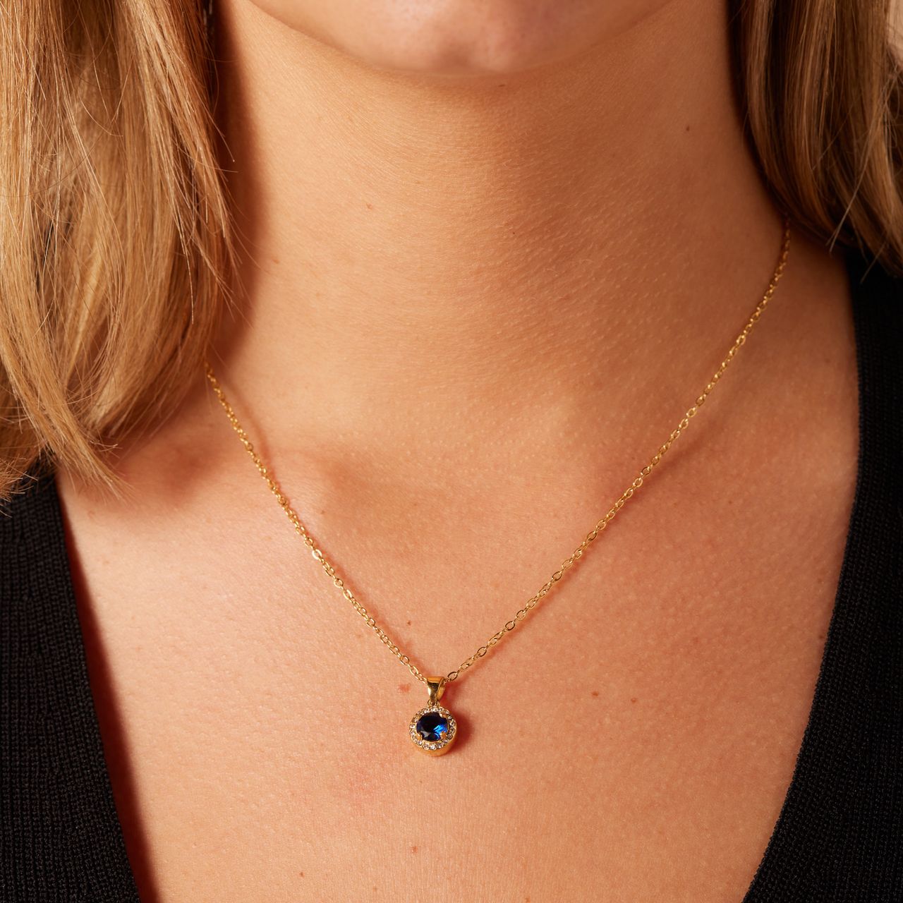 Stainless steel goldplated ketting vintage met blauwe zirkonia voor dames
