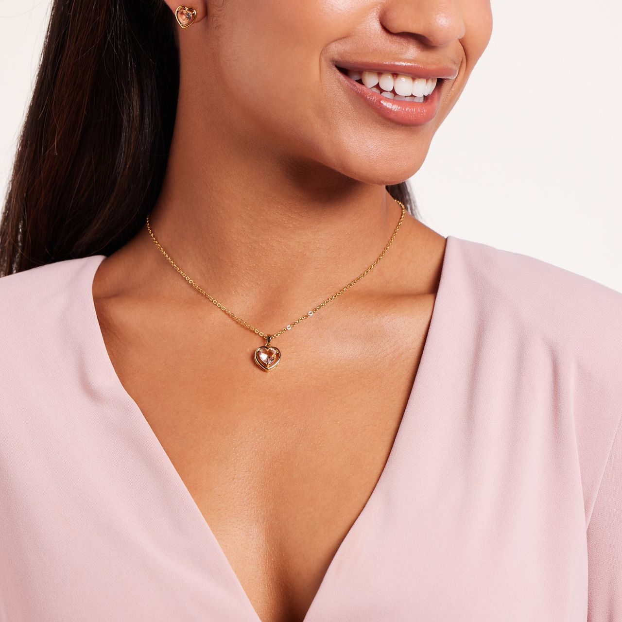 Stalen goldplated ketting vintage hart light peach zirkonia voor dames