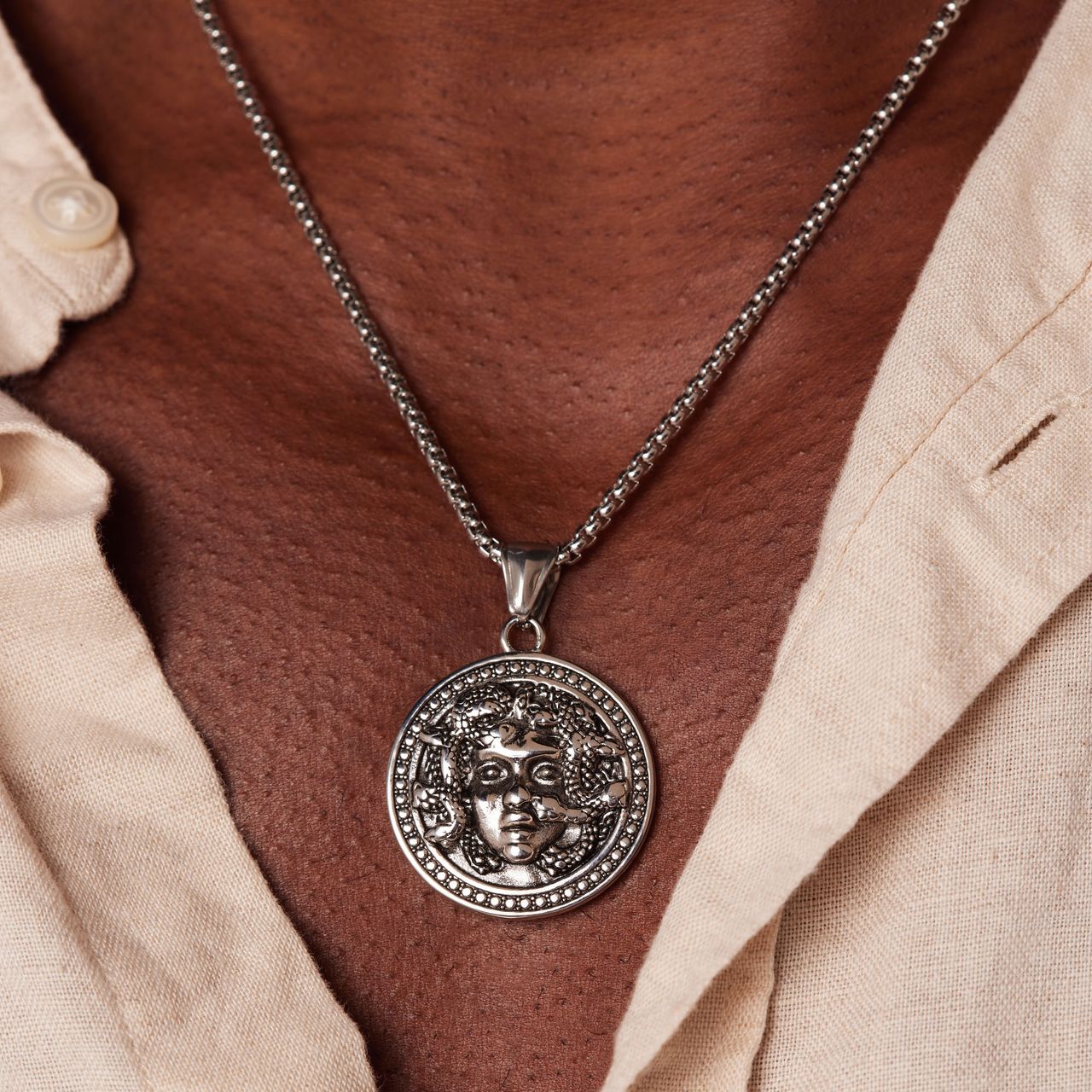 Stalen ketting met hanger medusa voor heren