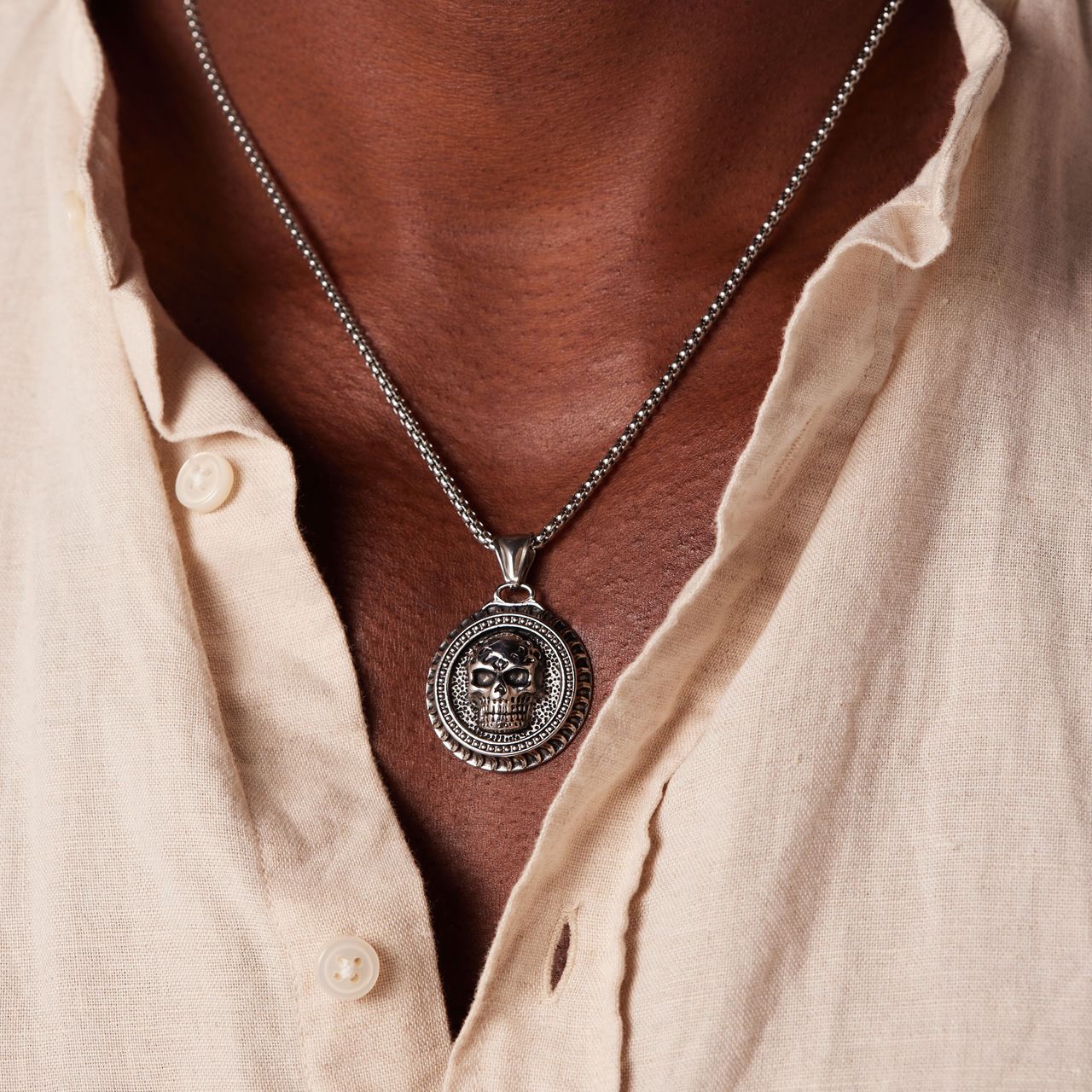 Stalen ketting met ronde doodskop voor heren