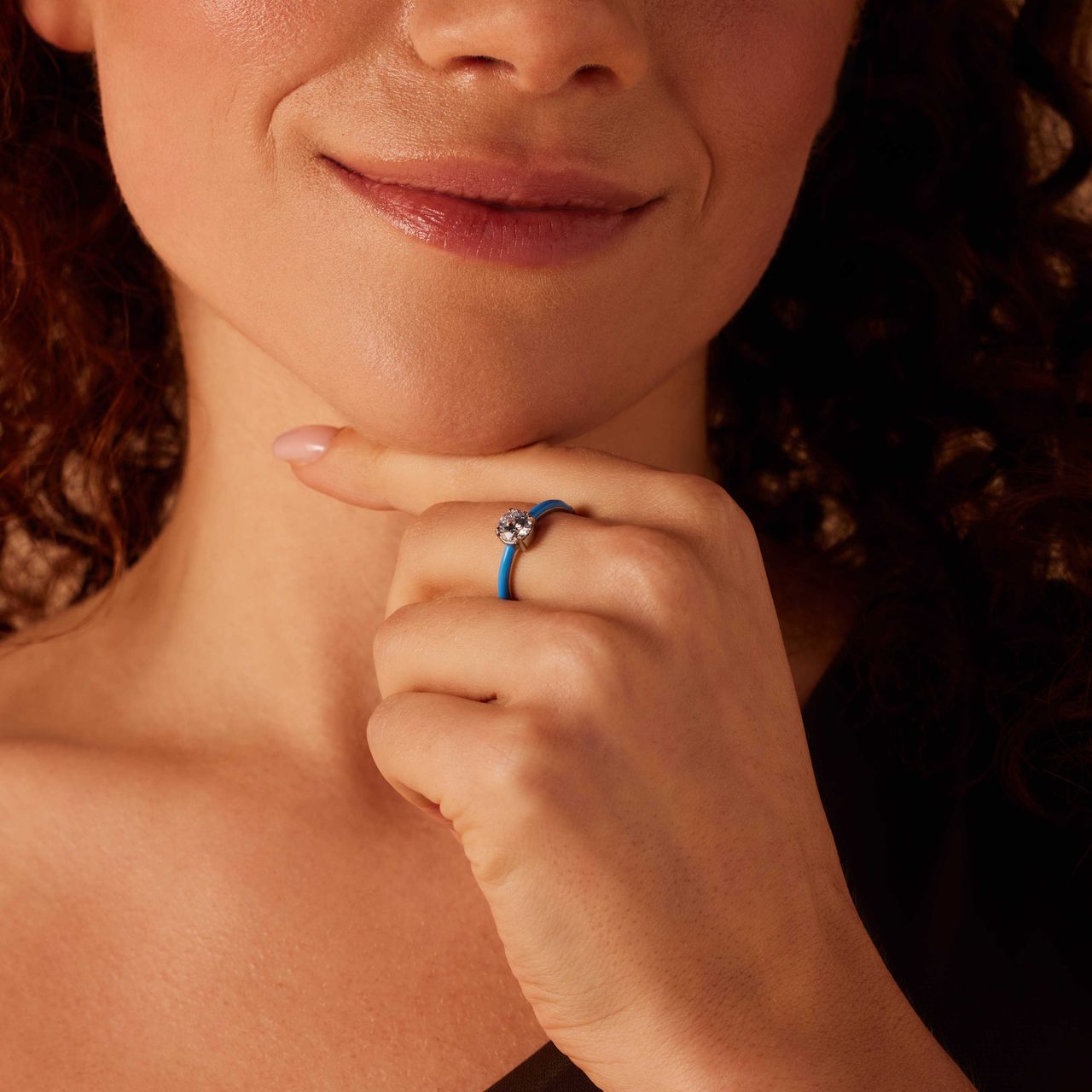 Stalen ring met blauwe emaille&zirkonia