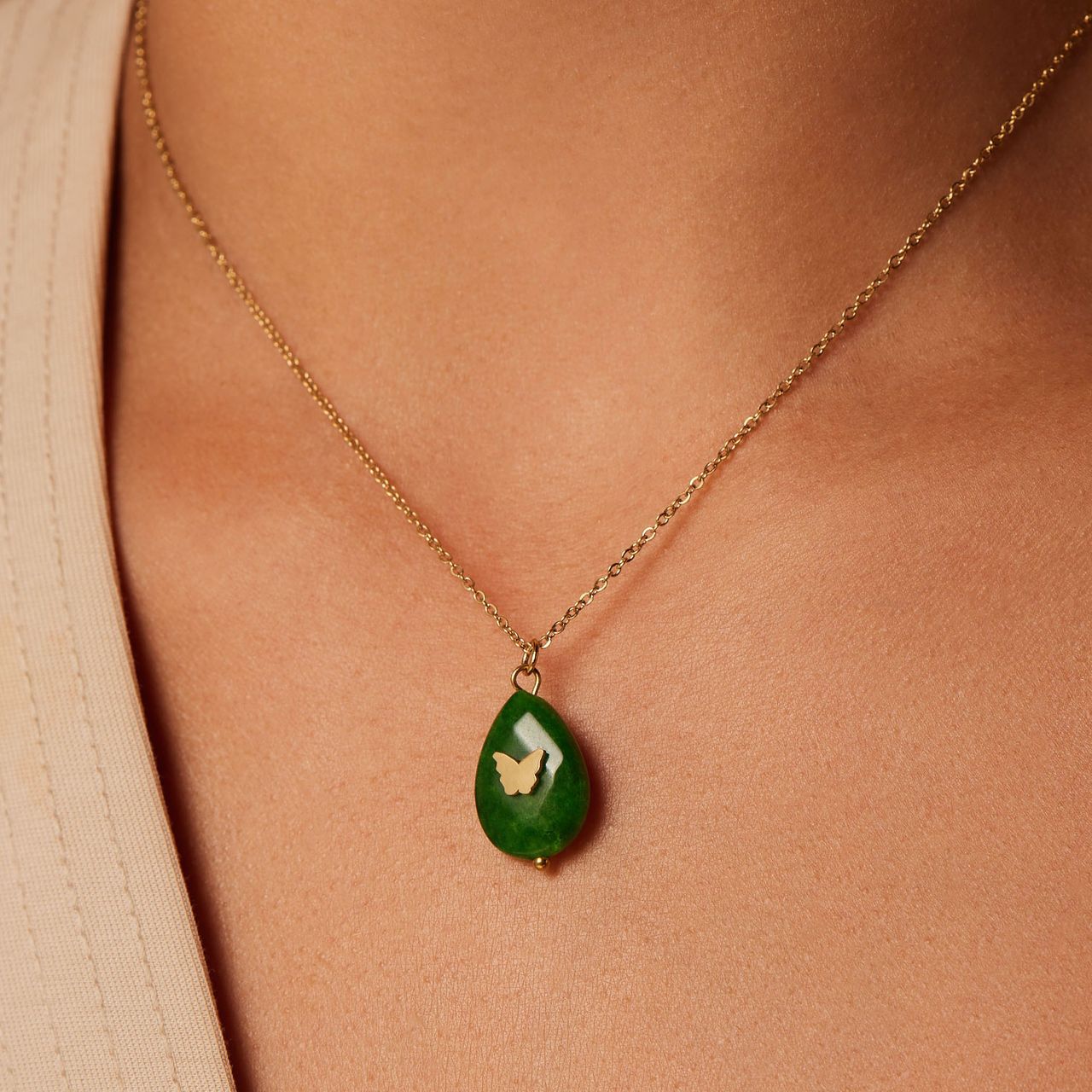 Stalen goldplated ketting met hanger met natuursteen voor dames