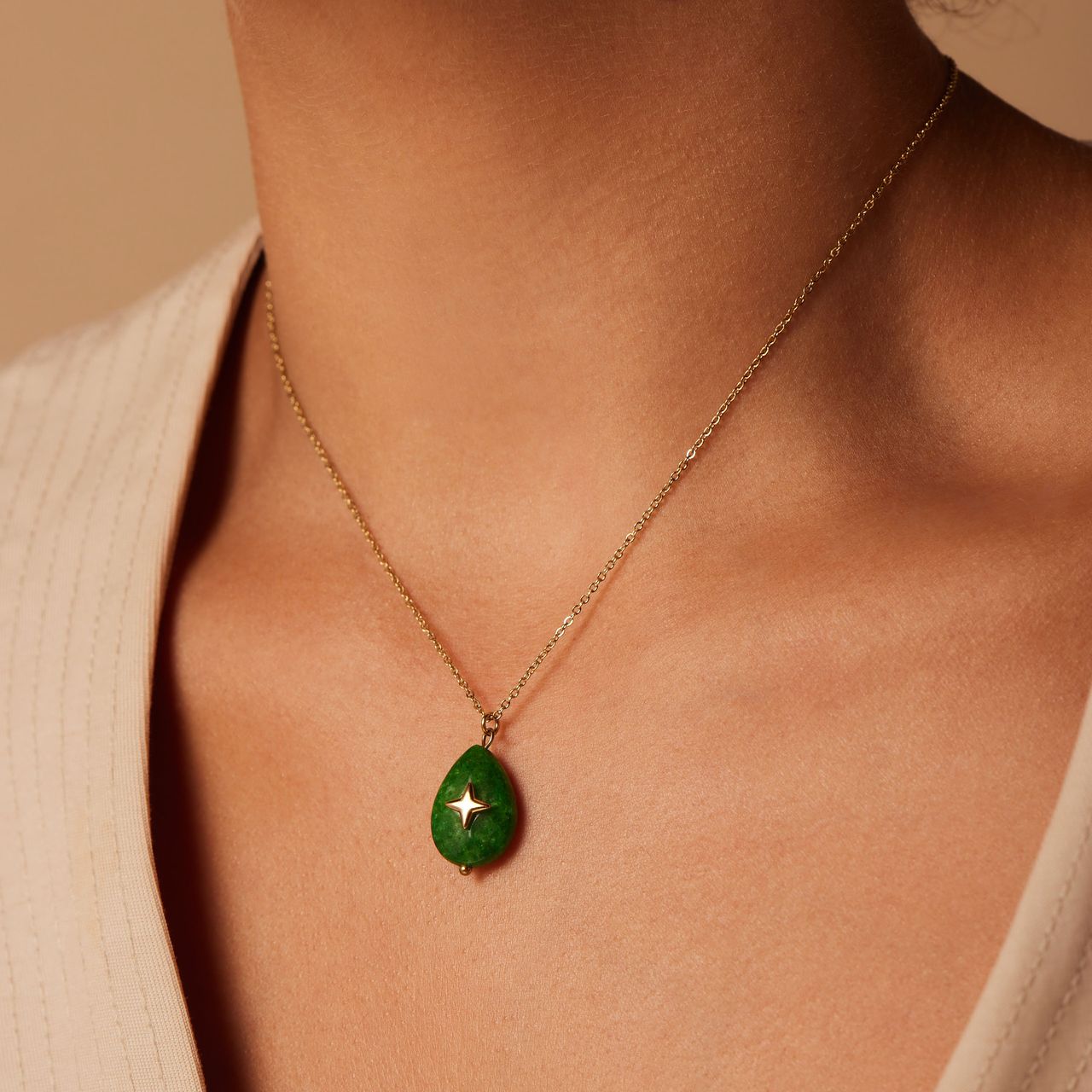 Stalen goldplated ketting met hanger met natuursteen voor dames