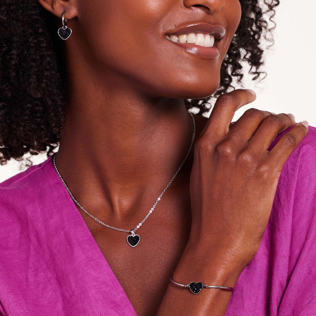 Armband aus Edelstahl, Herz mit Kristall, Schwarz