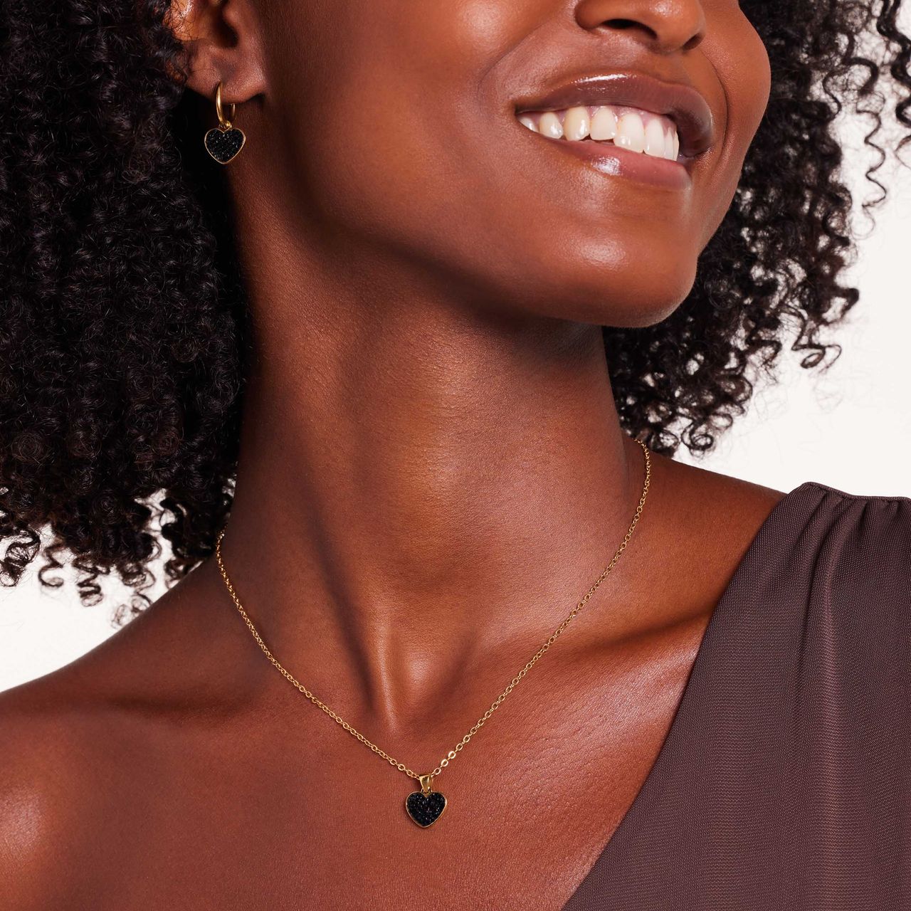 LivLiv stalen goldplated ketting hart met kristal zwart voor dames