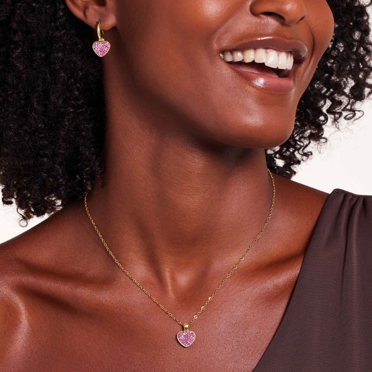 Stalen goldplated oorringen met hanger hart met kristal roze voor dames