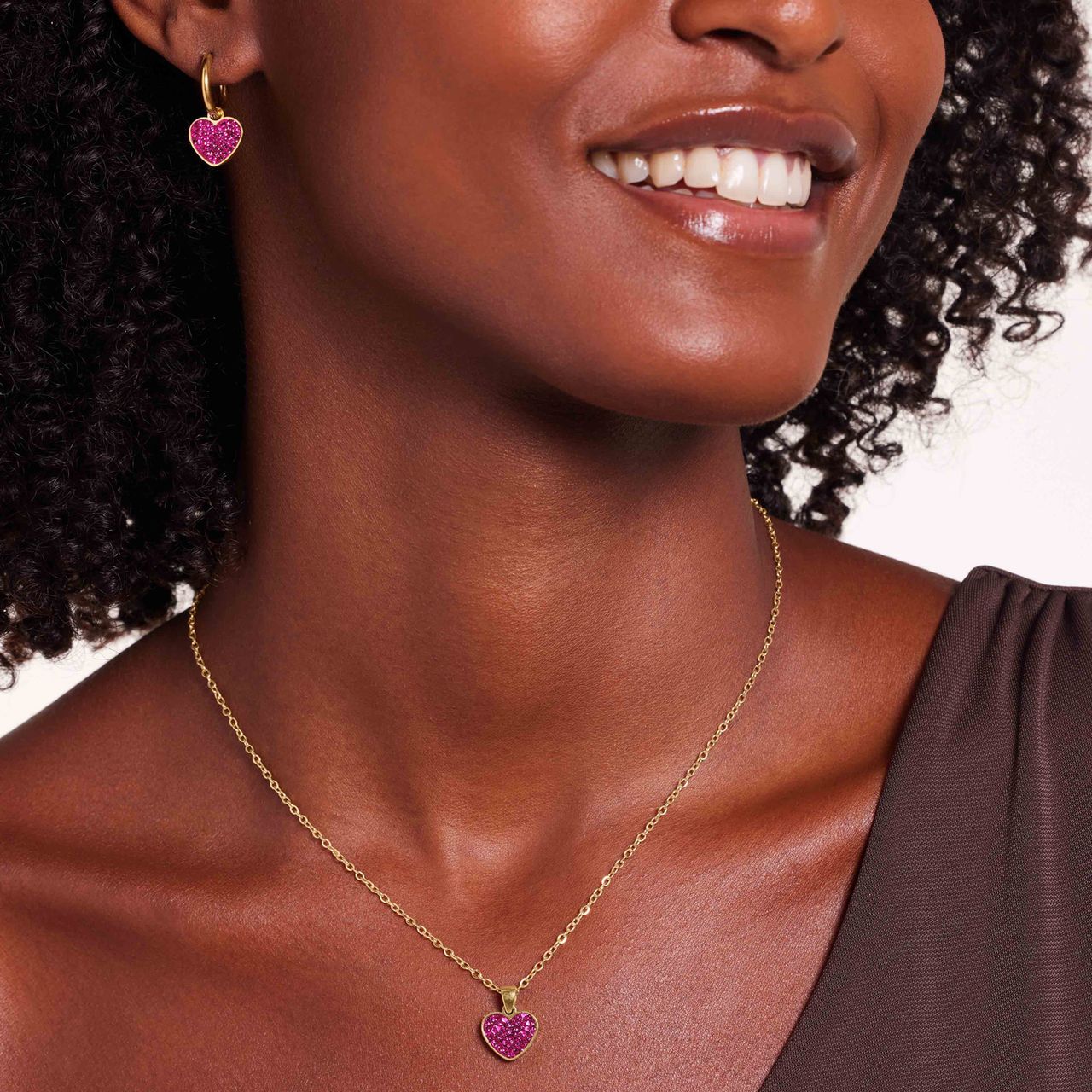 LivLiv stainless steel goldplated ketting hart met kristal fuchsia voor dames