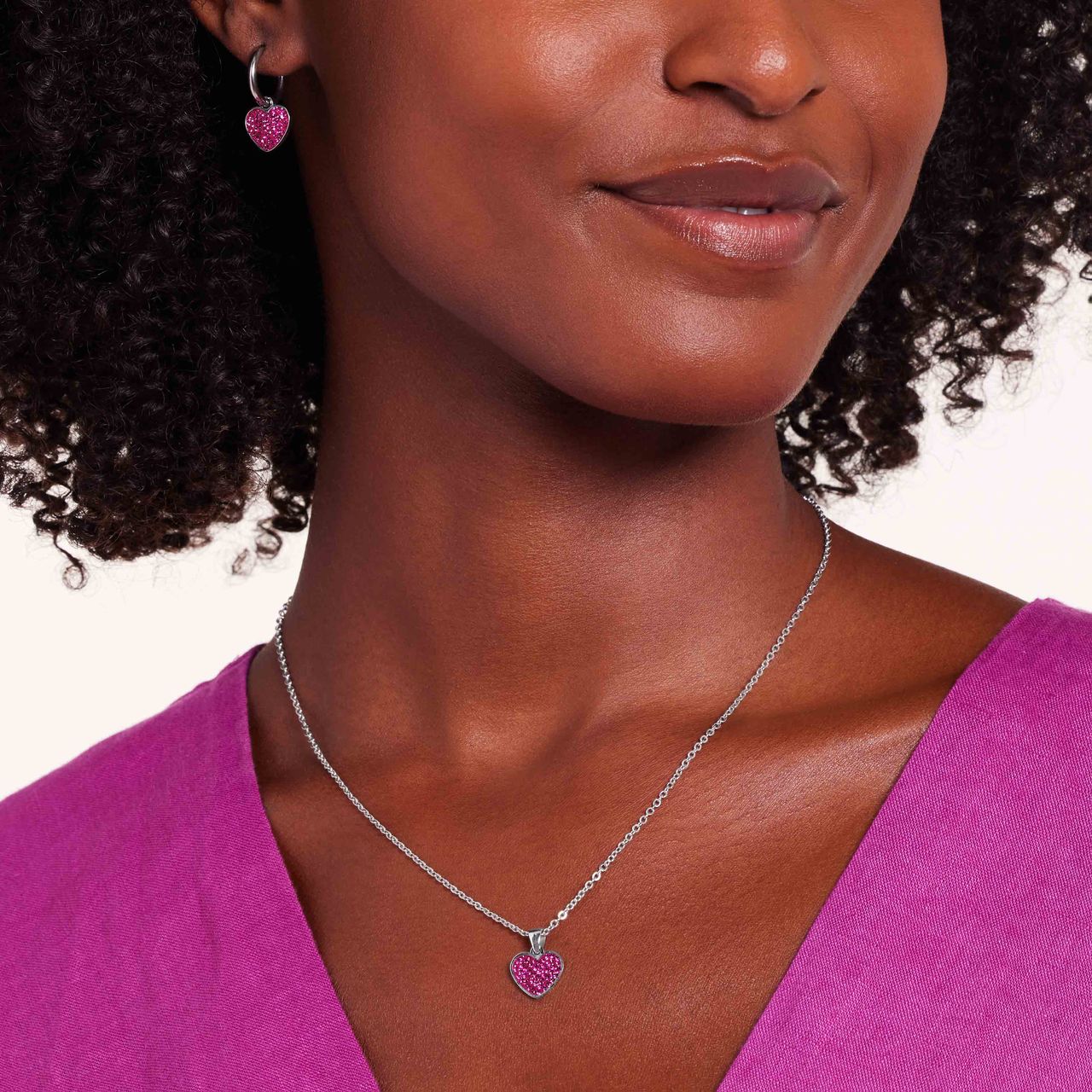 Halskette aus Edelstahl, Herz mit Kristall, Fuchsia