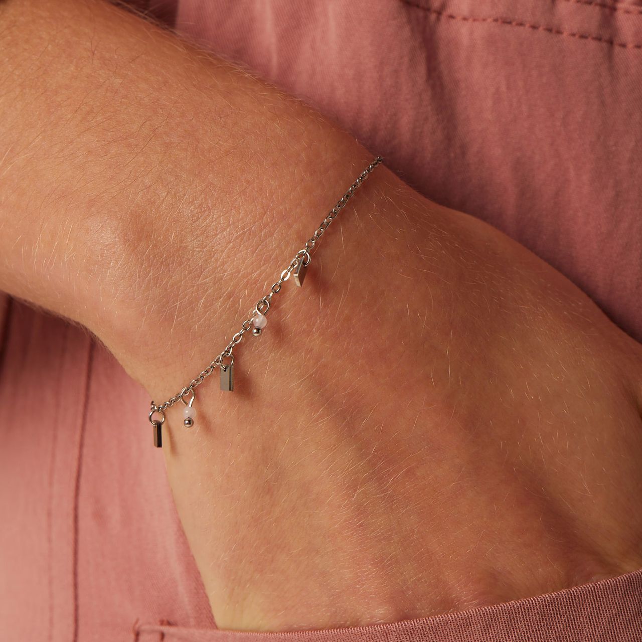 Stalen armband met rozenkwarts