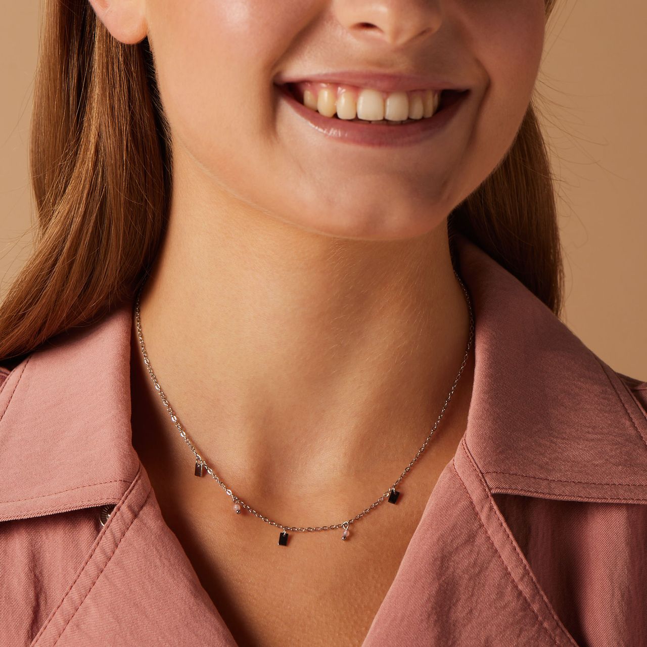LuLu Jewels stalen ketting met rozenkwarts voor dames