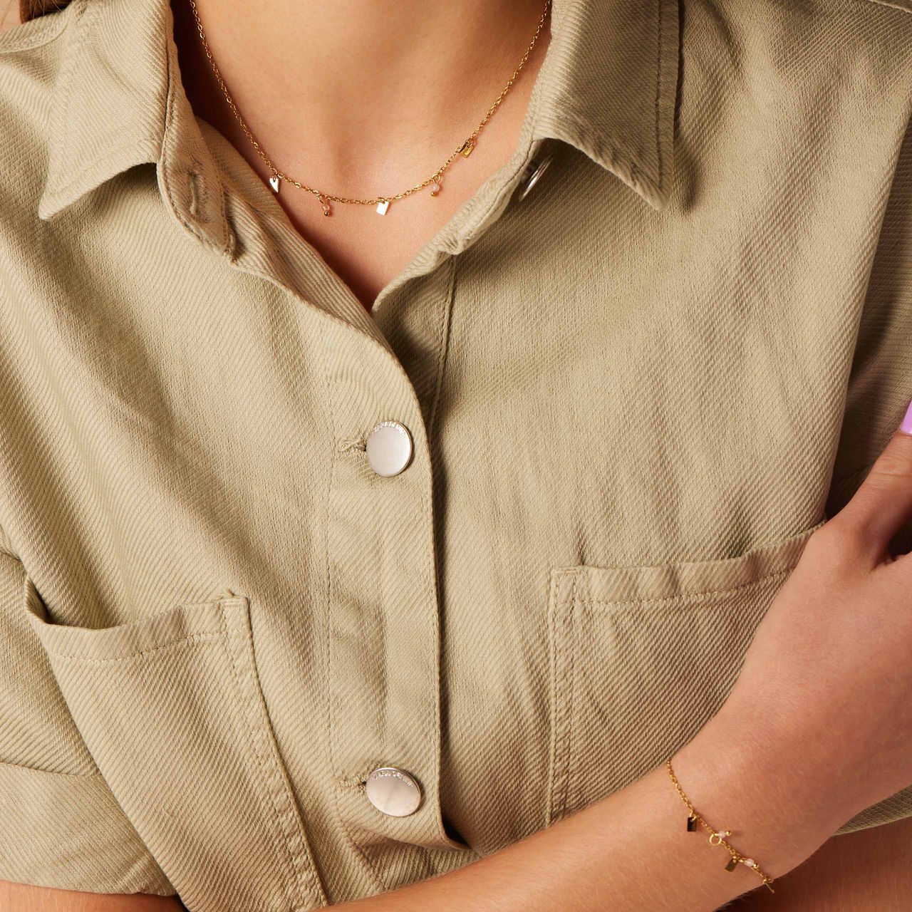 Stalen goldplated ketting met hanger met rozenkwarts voor dames